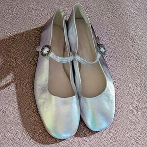Freda Salvador Leather Mary Jane Ballet Flats Metallic Silver Strap Size 9.5 NEW